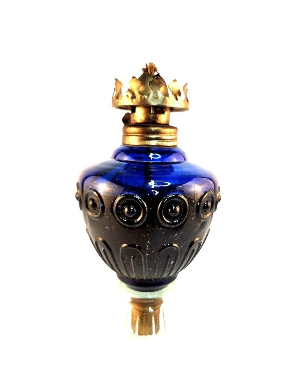 Vintage Blue Glass Mini Oil Lamp Brass Crown Made in Hong Kong